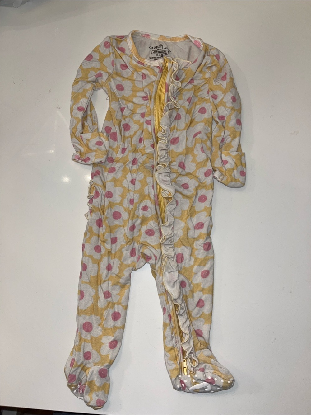 Caden Lane Yellow & Pink Floral Ruffle Footed One-Piece